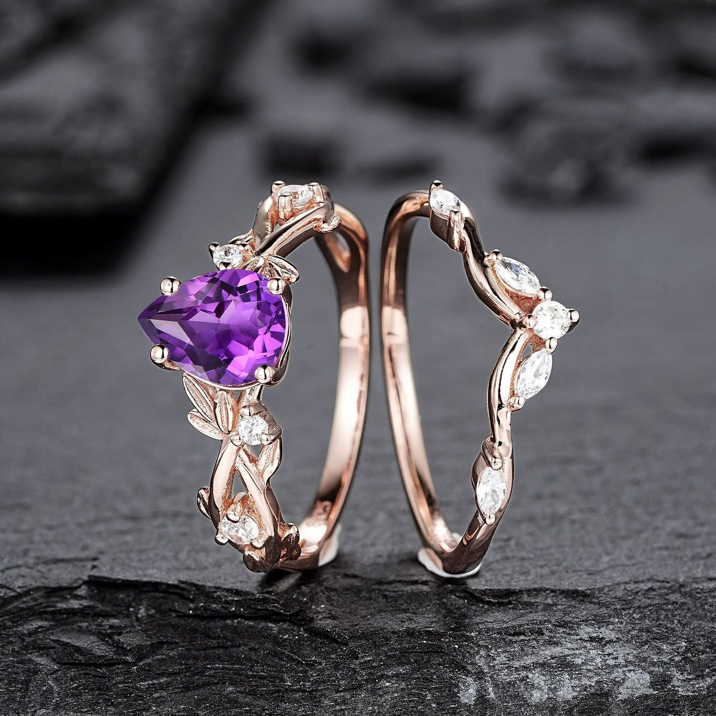 Pear Amethyst Engagement Ring Set Vintage Rose Gold Leaf Branch Promise Ring Wedding Band Custom Wedding Rings For Women - anerjuly
