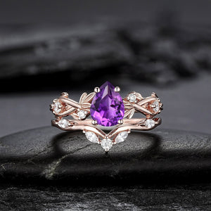Pear Amethyst Engagement Ring Set Vintage Rose Gold Leaf Branch Promise Ring Wedding Band Custom Wedding Rings For Women - anerjuly