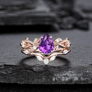 Pear Amethyst Engagement Ring Set Vintage Rose Gold Leaf Branch Promise Ring Wedding Band Custom Wedding Rings For Women - anerjuly