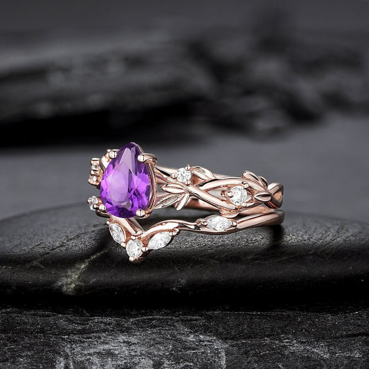 Pear Amethyst Engagement Ring Set Vintage Rose Gold Leaf Branch Promise Ring Wedding Band Custom Wedding Rings For Women - anerjuly