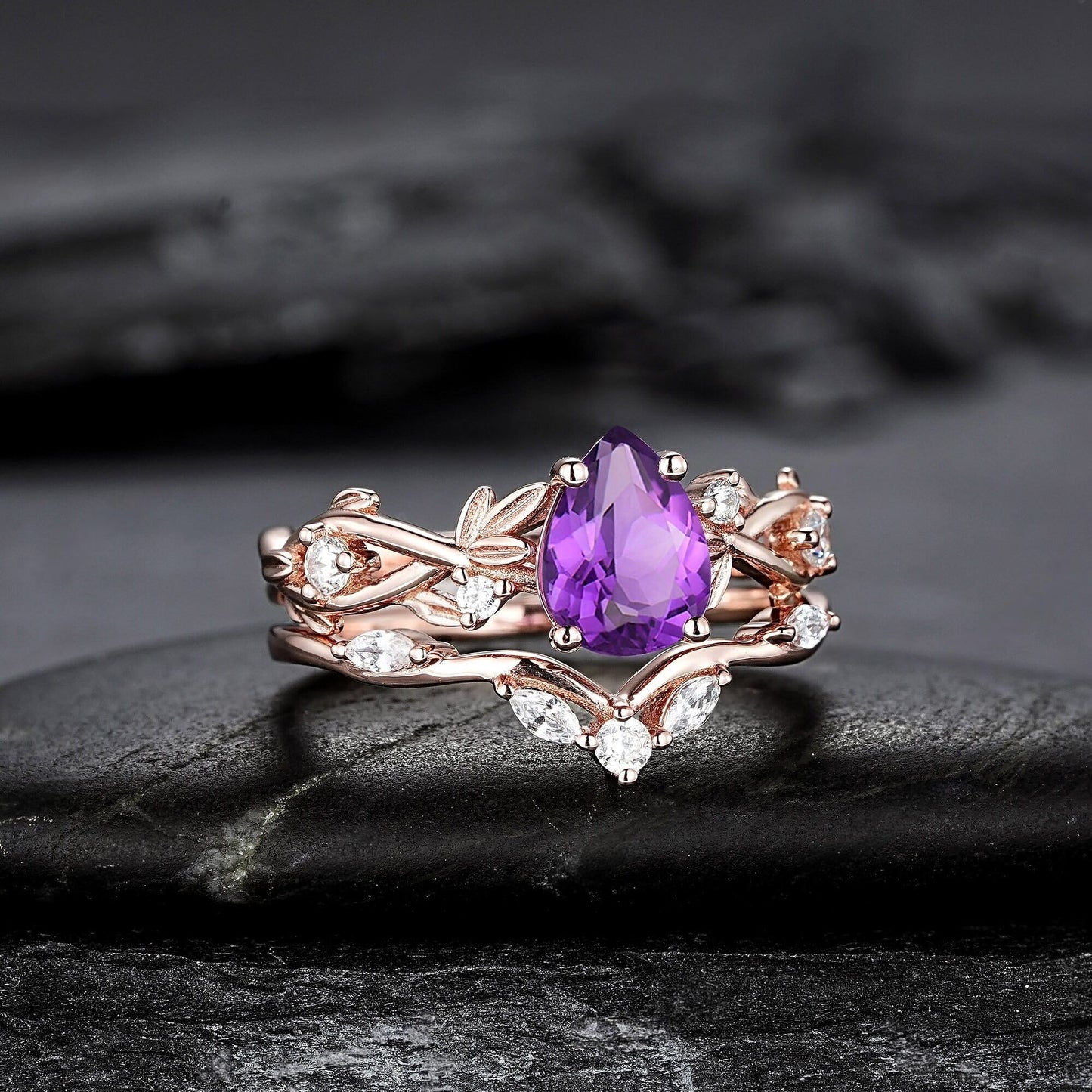 Pear Amethyst Engagement Ring Set Vintage Rose Gold Leaf Branch Promise Ring Wedding Band Custom Wedding Rings For Women - anerjuly