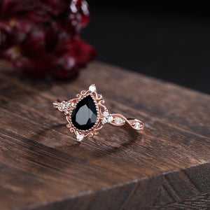 Pear Black Onyx Couples Ring Set Black Onyx Engagement Ring Gothic His&Her Wedding Band Twig Leaf Moissanite Ring Women Bridal Promise Ring - anerjuly