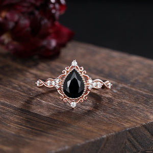 Pear Black Onyx Couples Ring Set Black Onyx Engagement Ring Gothic His&Her Wedding Band Twig Leaf Moissanite Ring Women Bridal Promise Ring - anerjuly