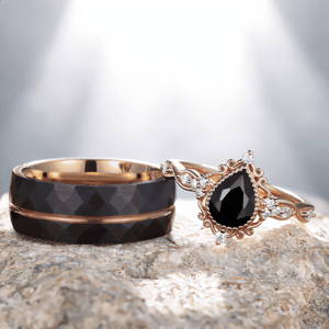 Pear Black Onyx Couples Ring Set Black Onyx Engagement Ring Gothic His&Her Wedding Band Twig Leaf Moissanite Ring Women Bridal Promise Ring - anerjuly