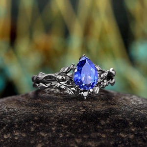 Pear Blue Sapphire Bridal Set Rhodium Black Gold Twig Leaf Engagement Ring Set - anerjuly