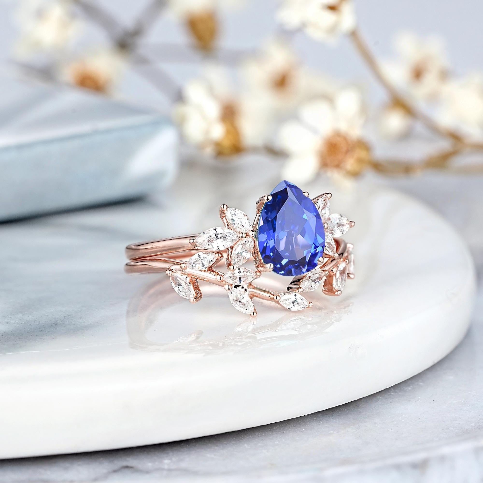Pear Cornflower Blue Sapphire Engagement Ring Set Rose Gold Leaf Promise Ring - anerjuly