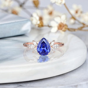 Pear Cornflower Blue Sapphire Engagement Ring Set Rose Gold Leaf Promise Ring - anerjuly