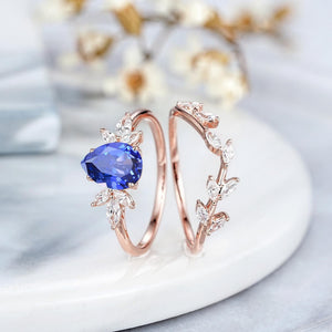 Pear Cornflower Blue Sapphire Engagement Ring Set Rose Gold Leaf Promise Ring - anerjuly