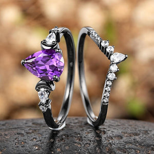 Pear Cut Amethyst Engagement Ring Crescent Moon Bridal Set Promise Ring For Women - anerjuly