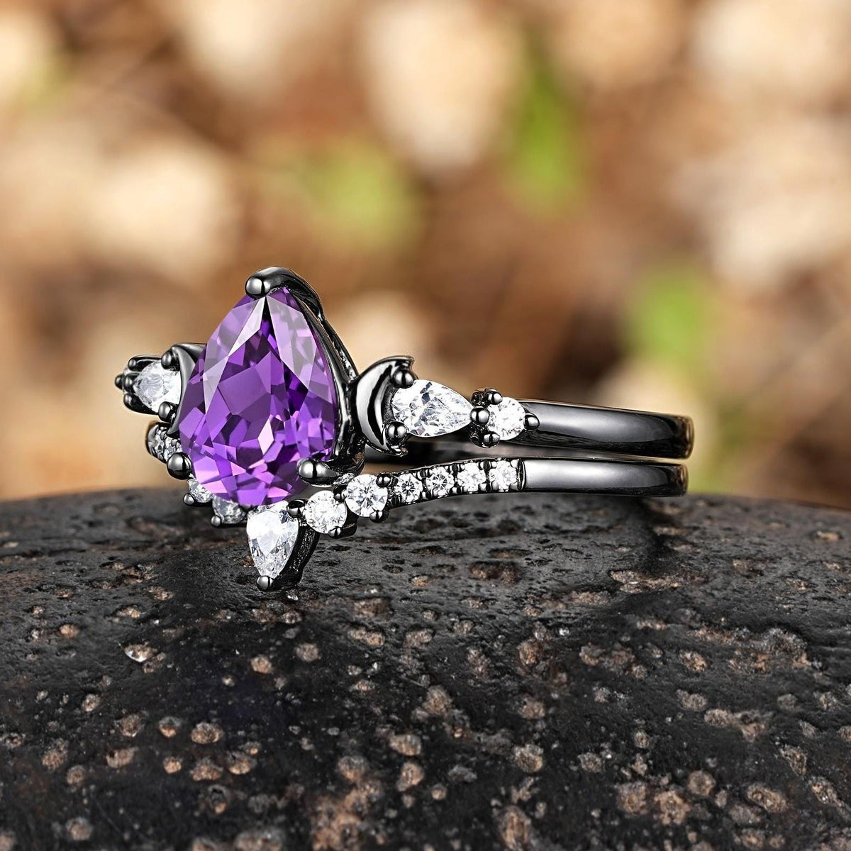 Pear Cut Amethyst Engagement Ring Crescent Moon Bridal Set Promise Ring For Women - anerjuly
