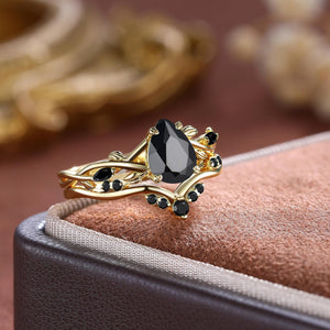 Pear Cut Black Onyx Couple Ring Set Vintage Art Deco Engagement Ring matching rings - anerjuly