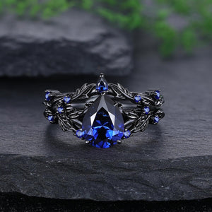 Pear Cut Blue Sapphire Engagement Rings Set Leaf Nature Inspired Women Ring - anerjuly