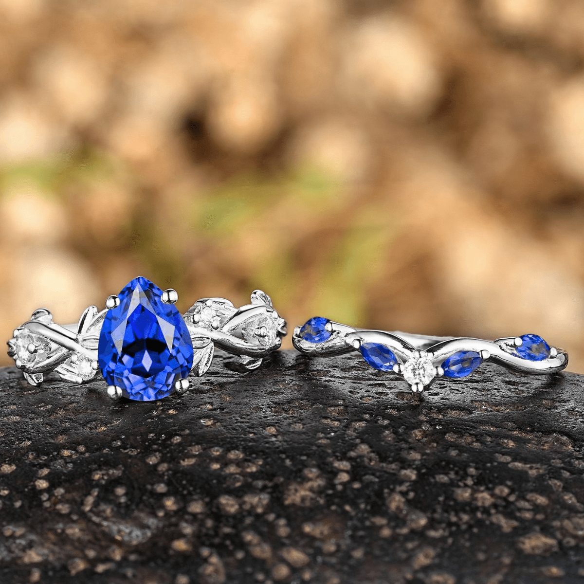 Pear Cut Blue Sapphire Engagement Rings Set Leaf Nature Inspired Women Ring For Women - anerjuly