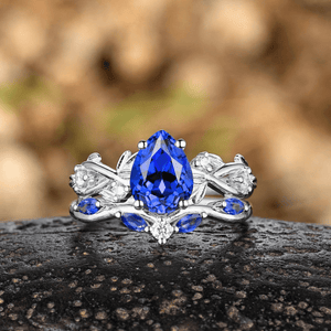 Pear Cut Blue Sapphire Engagement Rings Set Leaf Nature Inspired Women Ring For Women - anerjuly