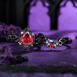 Pear - cut Nature Inspired Garnet Ring Black Gold Couple Rings Tungsten Wedding Band Promise Ring - anerjuly