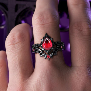 Pear - cut Nature Inspired Garnet Ring Black Gold Couple Rings Tungsten Wedding Band Promise Ring - anerjuly