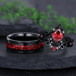 Pear - cut Nature Inspired Garnet Ring Black Gold Couple Rings Tungsten Wedding Band Promise Ring - anerjuly