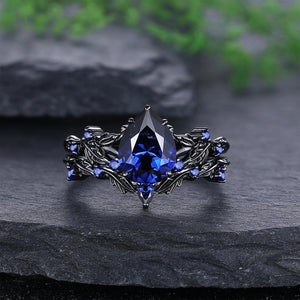 Pear Cut Sapphire Couples Ring Set Black Gold Wedding Band Engagement Ring Twig Leaf His and Her matching rings - anerjuly
