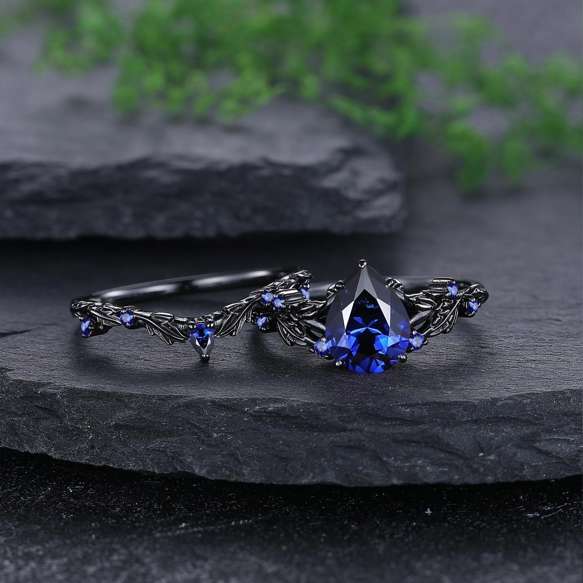 Pear Cut Sapphire Couples Ring Set Black Gold Wedding Band Engagement Ring Twig Leaf His and Her matching rings - anerjuly