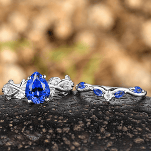 Pear Cut Sapphire couples ring set his her matching wedding band blue sapphire engagement ring - anerjuly