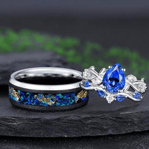 Pear Cut Sapphire couples ring set his her matching wedding band blue sapphire engagement ring - anerjuly