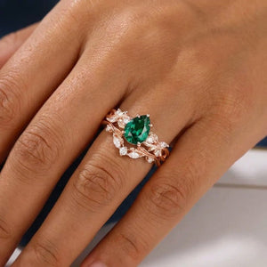 Pear Emerald and Glossy Tungsten Couple Ring Set with Peacock Blue Opal Inlay - anerjuly