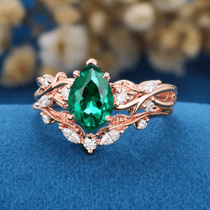 Her Ring - Pear Emerald Engagement Ring Black Gold Leaf Cluster Wedding Ring Women Bridal Promise Ring