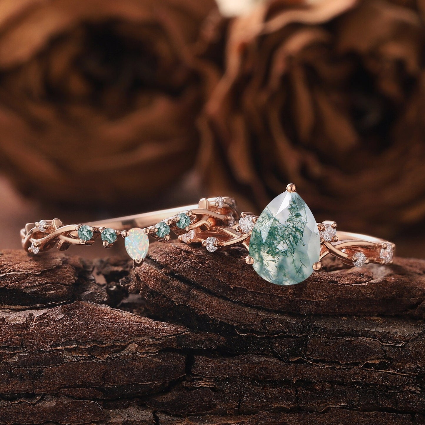 Pear Nature Moss Agate Engagement Ring Set Leaf Floral Nature Inspired Wedding Ring Anniversary Rings For Women - anerjuly