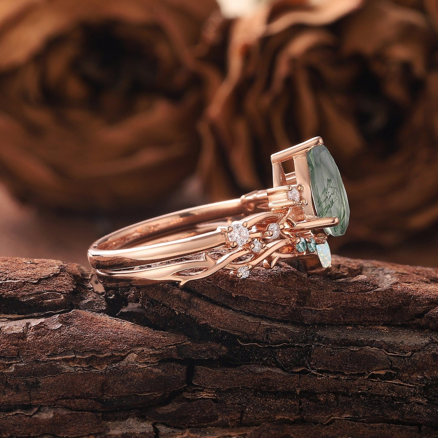 Pear Nature Moss Agate Engagement Ring Set Leaf Floral Nature Inspired Wedding Ring Anniversary Rings For Women - anerjuly