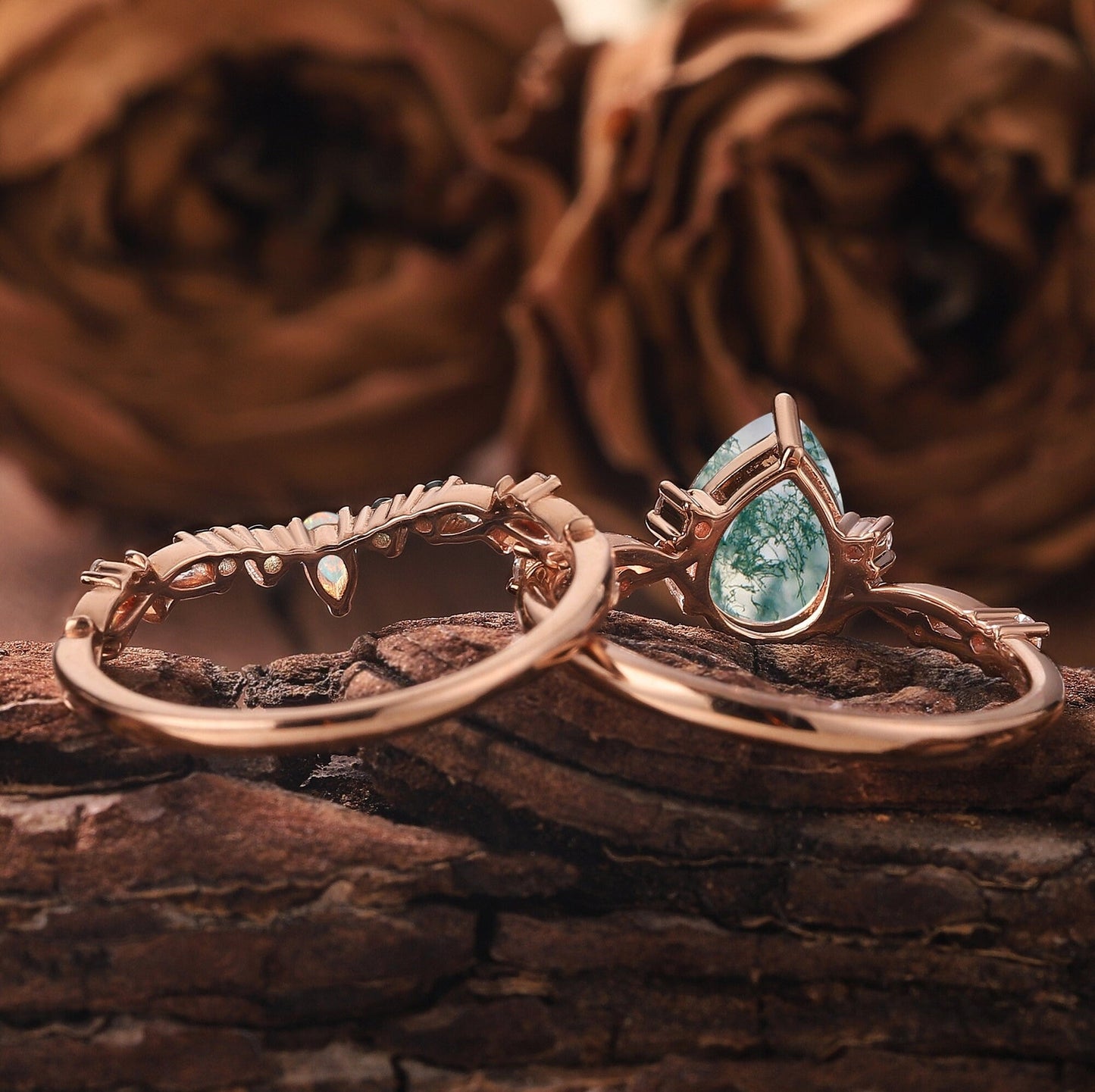 Pear Nature Moss Agate Engagement Ring Set Leaf Floral Nature Inspired Wedding Ring Anniversary Rings For Women - anerjuly