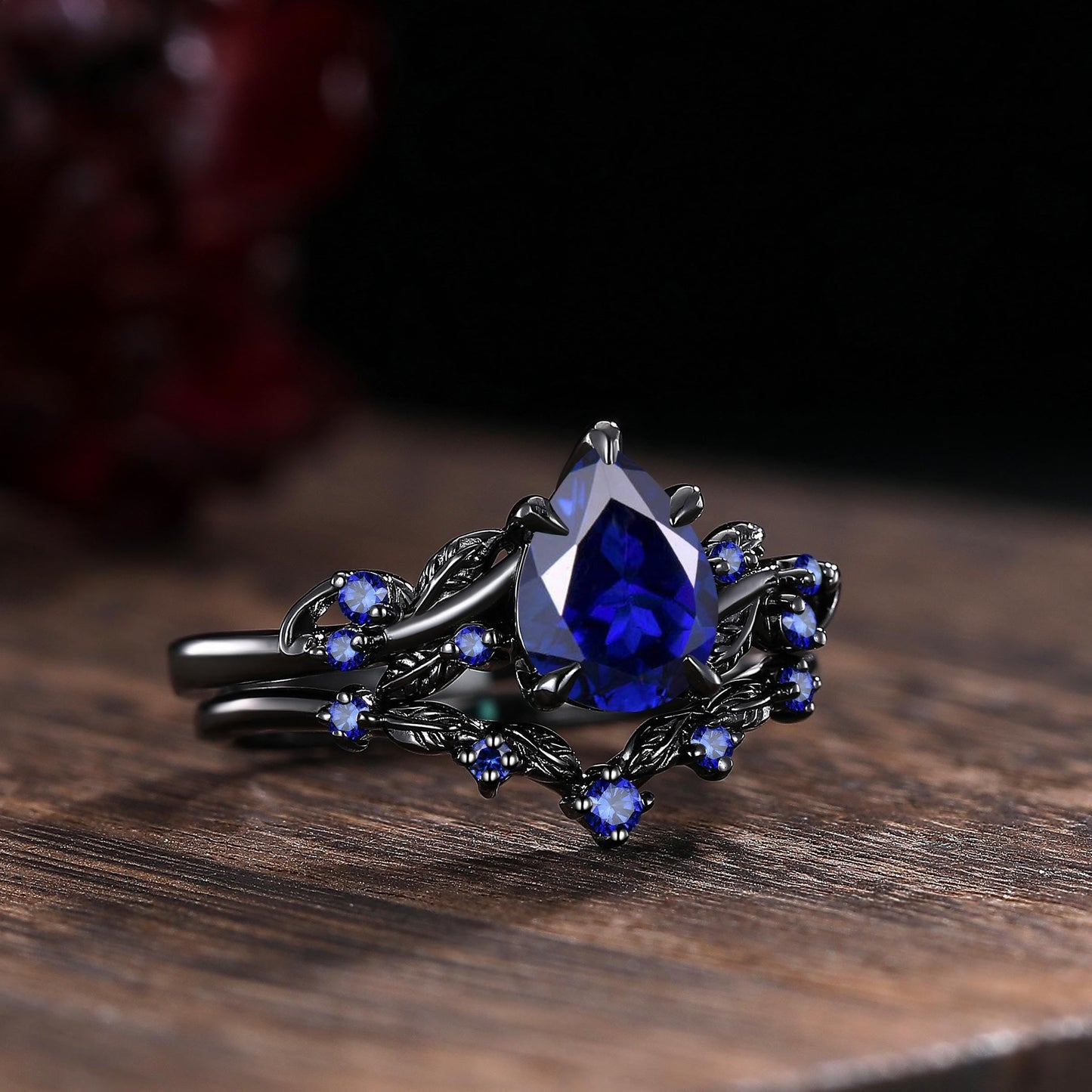 Pear Sapphire Couples Ring Set Black Gold His&Her Wedding Band Engagement Ring Twig Leaf Sapphire Ring For Women Bridal Promise Ring Gift - anerjuly