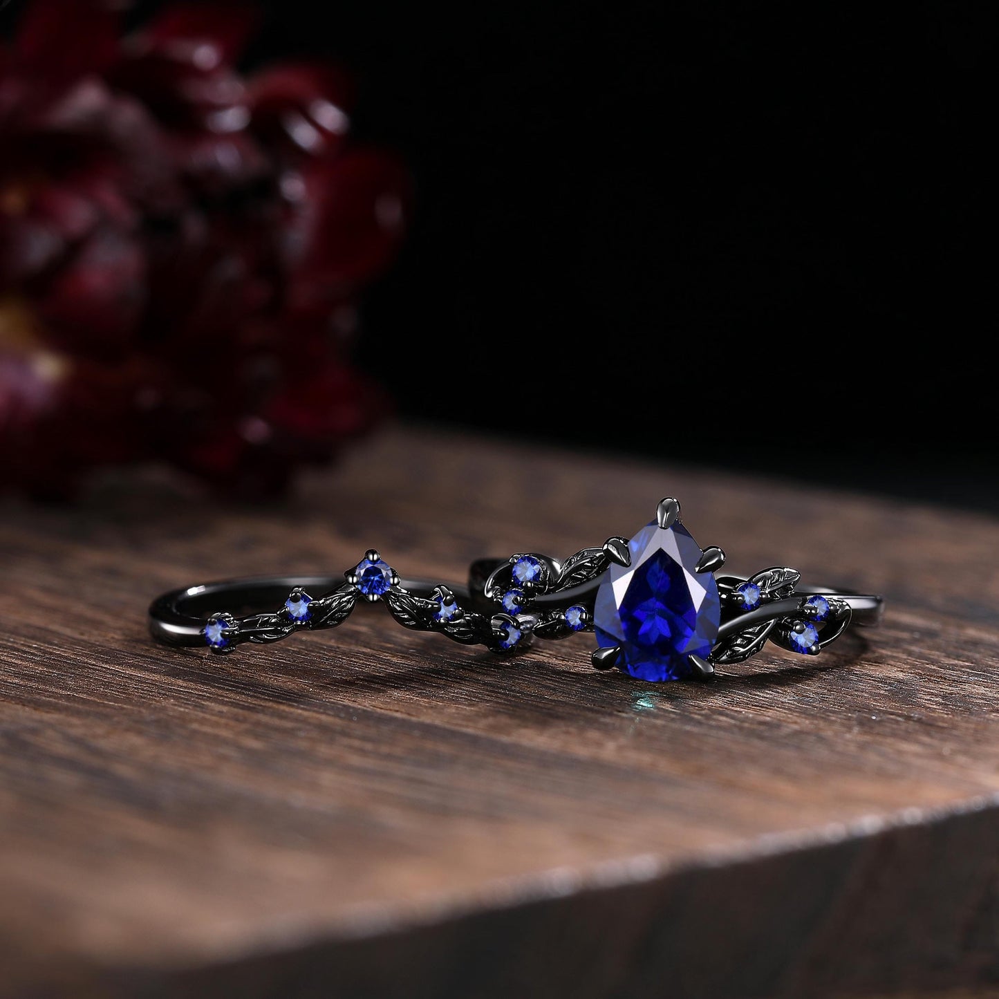 Pear Sapphire Couples Ring Set Black Gold His&Her Wedding Band Engagement Ring Twig Leaf Sapphire Ring For Women Bridal Promise Ring Gift - anerjuly