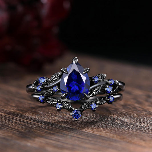 Pear Sapphire Couples Ring Set Black Gold His&Her Wedding Band Engagement Ring Twig Leaf Sapphire Ring For Women Bridal Promise Ring Gift - anerjuly