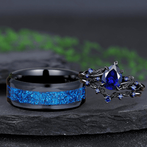 Pear Sapphire Couples Ring Set Black Gold Wedding Band Engagement Ring Twig Leaf Sapphire Ring For Women Bridal Promise Ring Gift - anerjuly
