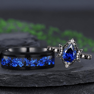 Pear Sapphire Moon Engagement Ring Black Gold Black Gold His and Her Nature Inspired Bridal Set - anerjuly