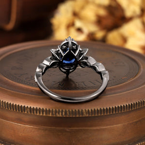 Pear Sapphire Moon Engagement Ring Black Gold Natural Inspired Leaf Ring - anerjuly