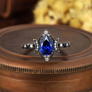 Pear Sapphire Moon Engagement Ring Black Gold Natural Inspired Leaf Ring - anerjuly