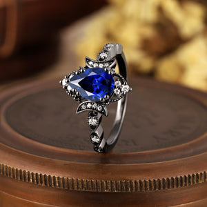 Pear Sapphire Moon Engagement Ring Black Gold Natural Inspired Leaf Ring - anerjuly