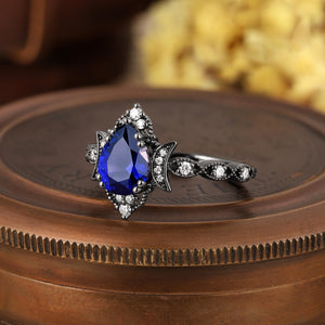 Pear Sapphire Moon Engagement Ring Black Gold Natural Inspired Leaf Ring - anerjuly