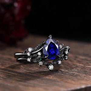 Pear Sapphire Ring Set Black Gold Wedding Band Engagement Ring Twig Leaf Sapphire Ring - anerjuly