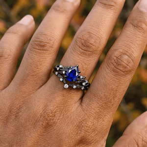 Pear Sapphire Ring Set Black Gold Wedding Band Engagement Ring Twig Leaf Sapphire Ring - anerjuly