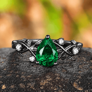 Pear Shape Emerald Engagement Ring Black Gold Leaf Cluster Wedding Ring Women Bridal Promise Ring - anerjuly