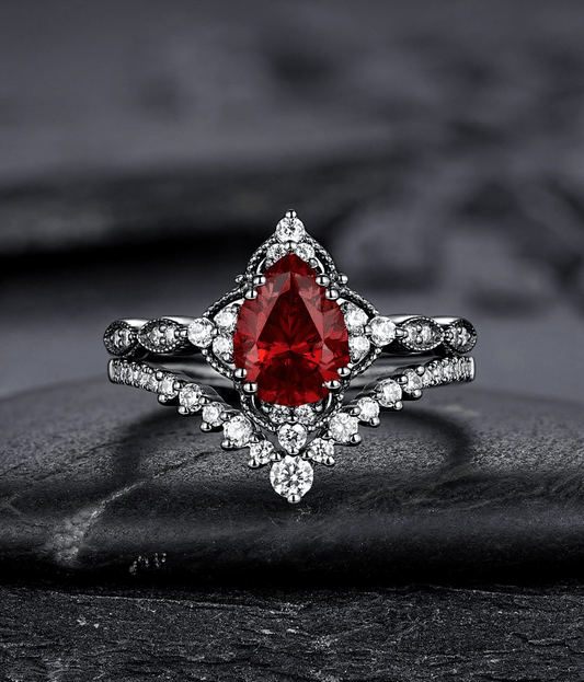 Pear Shape Garnet Ring Black Gold Couple Rings Tungsten Wedding Band Promise Ring for Her - anerjuly