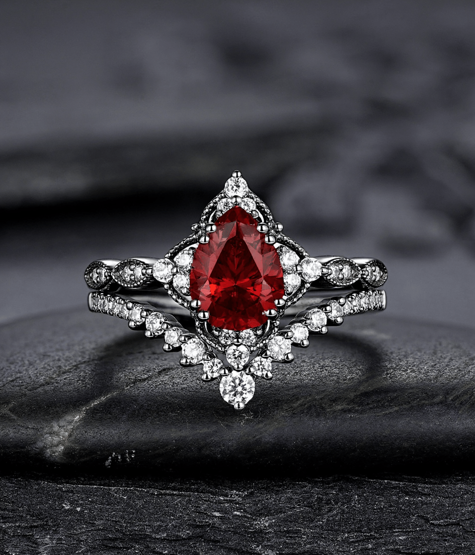Pear Shape Garnet Ring Black Gold Couple Rings Tungsten Wedding Band Promise Ring for Her - anerjuly