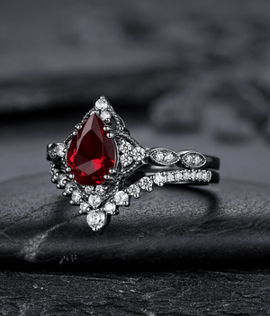 Pear Shape Garnet Ring Black Gold Couple Rings Tungsten Wedding Band Promise Ring for Her - anerjuly