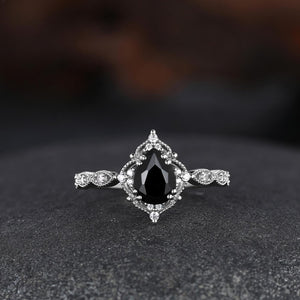 Pear Shaped Natural Black Onyx S925 Ring Nature Inspired Bridal Engagement Ring - anerjuly