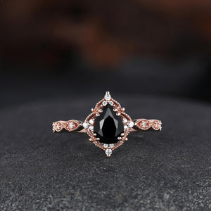 Pear Shaped Natural Black Onyx S925 Ring Nature Inspired Bridal Engagement Ring - anerjuly