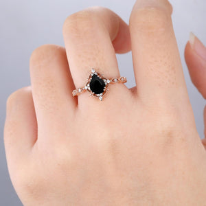 Pear Shaped Natural Black Onyx S925 Ring Nature Inspired Bridal Engagement Ring - anerjuly