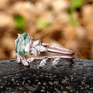 Pear shaped Nature Sterling Silver Moss Agate Ring Set Engagement Ring - anerjuly