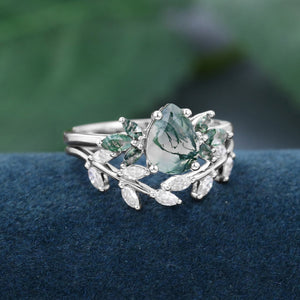 Pear shaped Nature Sterling Silver Moss Agate Ring Set Engagement Ring - anerjuly